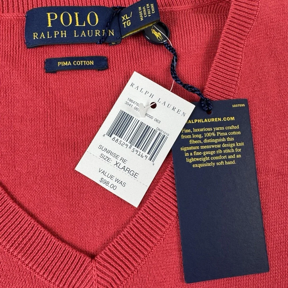 Polo Ralph Lauren Red Pima Cotton V Neck L/S Mens Sweater Size XL NWT
